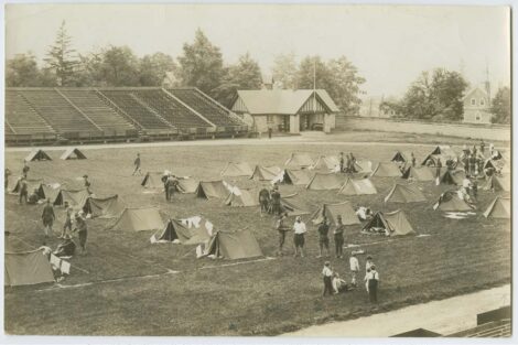 Trainees at Camp Lafayette on an athletics field on campus