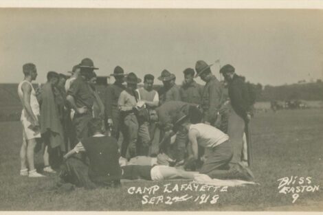 A group of men at Camp Lafayette conduct training.