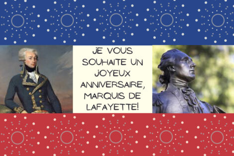 Marquis de Lafayette birthday card with both a drawing and a statue of the Marquis