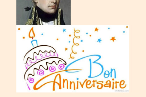Marquis de Lafayette birthday card with the face of the Marquis and a drawing of a birthday cake