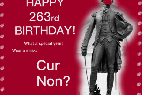 Marquis de Lafayette birthday card with statue of the Marquis wearing a mask