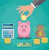 Illustration of a calculator, money bag, and person putting a coin in a piggy bank