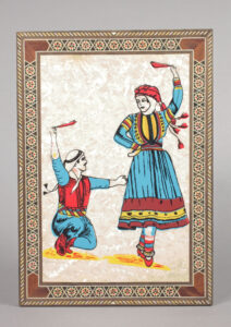 An illustration of a woman and child doing a dabke dance