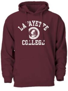 A maroon sweatshirt with the words Lafayette College and a rendering of the Marquis de Lafayette's head