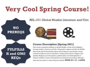 Global Muslim Literature and Film poster with a film reel, globe, and books