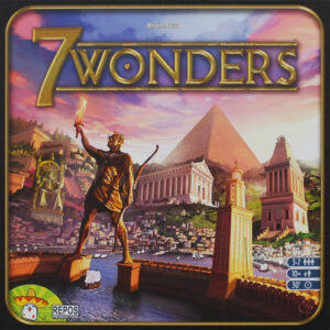 The cover of the 7 Wonders board game, with a statue of a man and a pyramid and ancient city
