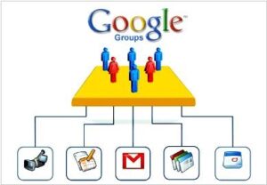 An illustration of five people on a yellow floor linking to different Google icons, including Gmail and calendar