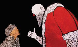 An illustration of a ghost in a red Santa coat talking to Scrooge