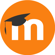 A white lowercase m wearing a black graduation cap, both on a circular orange background