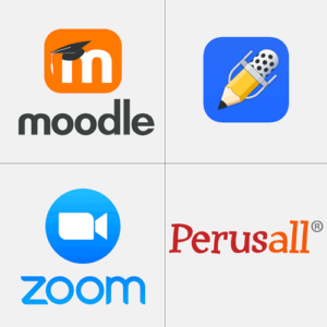 Logos for Moodle, Zoom, Perusall, and one more