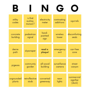 A yellow Bingo card with words in each square