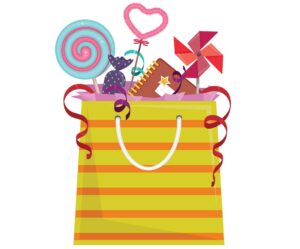 An illustration of a gift bag with a pinwheel, round lollipop, and more