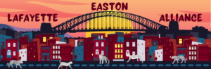 An illustration of Easton, with buildings a bridge