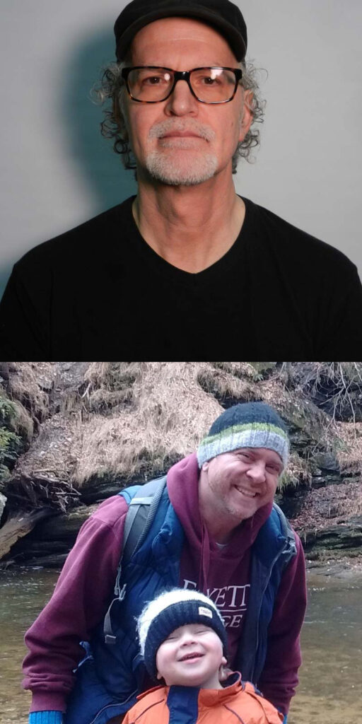A head shot of Tim Frey above a photo of Drew Manciula smiling with his son, Kai, standing before a stream.