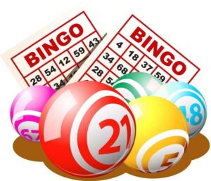 An illustration of two bingo cards and several balls