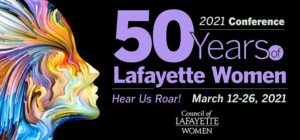The logo for the Council of Lafayette Women Conference, with an abstract rendering of a woman's face with different colors