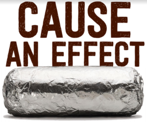 A Chipotle food item wrapped in tinfoil with words above it, Cause an Effect