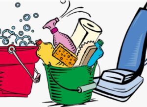 Illustration of a buket of soapy water, a bucket of cleaning supplies, and a vaccum cleaner
