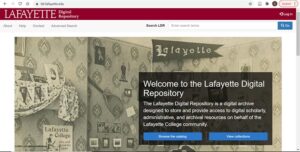 The homepage of Lafayette's digital repository, with a welcome message and a background image of students room, apparently from the first half of the 20th century