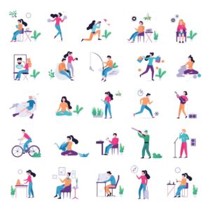 25 illustrations of people doing an activity such as swimming, photography, hunting, and listening to music