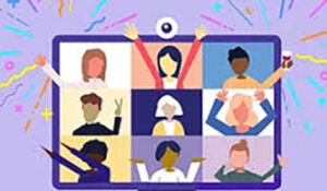 An illustration of nine people, each in their own square, who are excited on a Zoom call