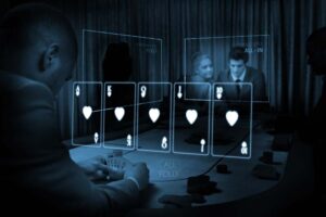 People playing cards with holograms for their cards
