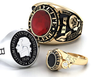 Three Lafayette College class rings by Jostens