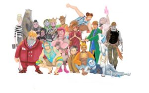 An illustration of the roughly 20 human characters in the story Monkey
