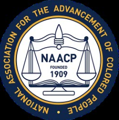 The logo of the NAACP, with a pair of scales and an open book below it