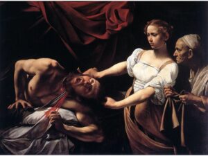The Caravaggio painting of Judith beheading Holofernes as an old woman looks on