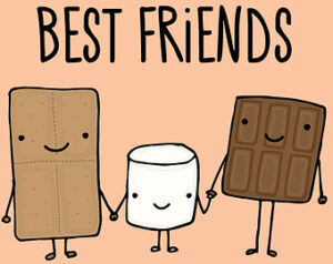 An illustration of a graham cracker, marshmallow, and chocolate bar holding hands with the words Best Friends above them.
