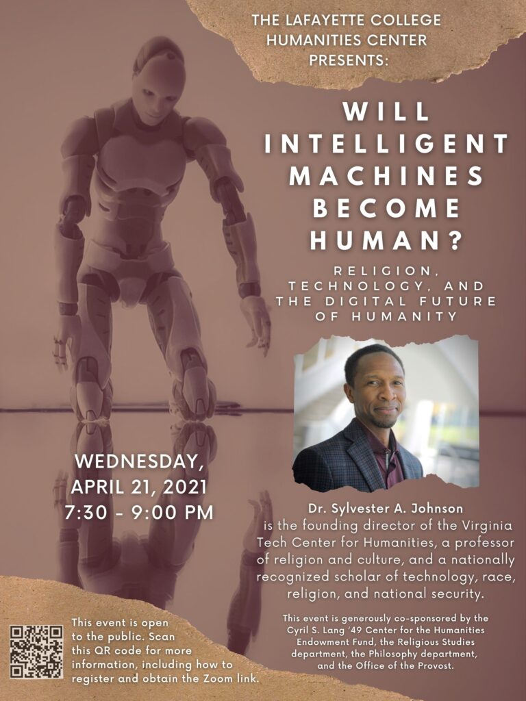 A poster for Sylvester Johnson lecture, with images of a robot and of the guest lecturer