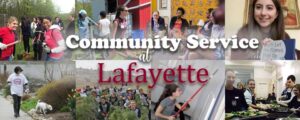 Several photos in a grid of Lafayette students performing community service, including landscaping, painting, and working with children