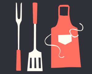 Illustrations of a two-pronged large fork, a spatula, and an apron