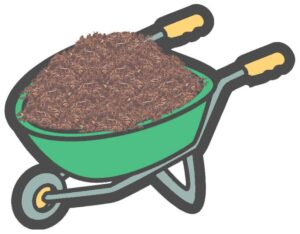 An illustration of a green wheelbarrow filled with brown mulch
