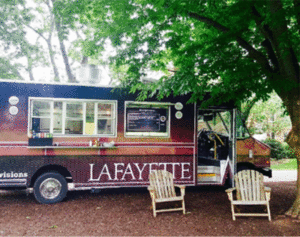 The maroon Lafayette food truck on the Quad