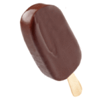 An ice cream bar with a smooth chocolate shell and a stick for holding it