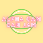 An green overal partly inside a green circle with a yellow background and in pink the words Alpha Gam Kan Jam