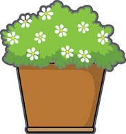 Illustration of a green plant with flowers in a brown planter