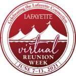 The circular maroon and white logo for Virtual Reunion 2001, including an illustration of three pitched tents