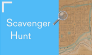 A magnifying glass over a city street map with a blue background next to it and the words Scavenger Hunt