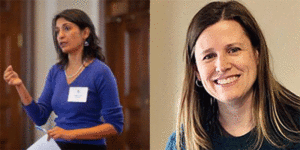 Separate images of Nandini Sikand talking and Mary Jo Lodge smiling