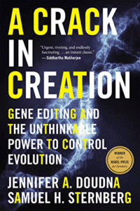 The cover of the book A Crack in Creation, with a strand of DNA in the background