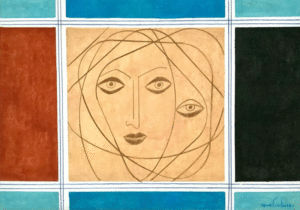 An abstract painting by Martha Whistler featuring a face and an extra eye next to it as well as blocks of different colors around it