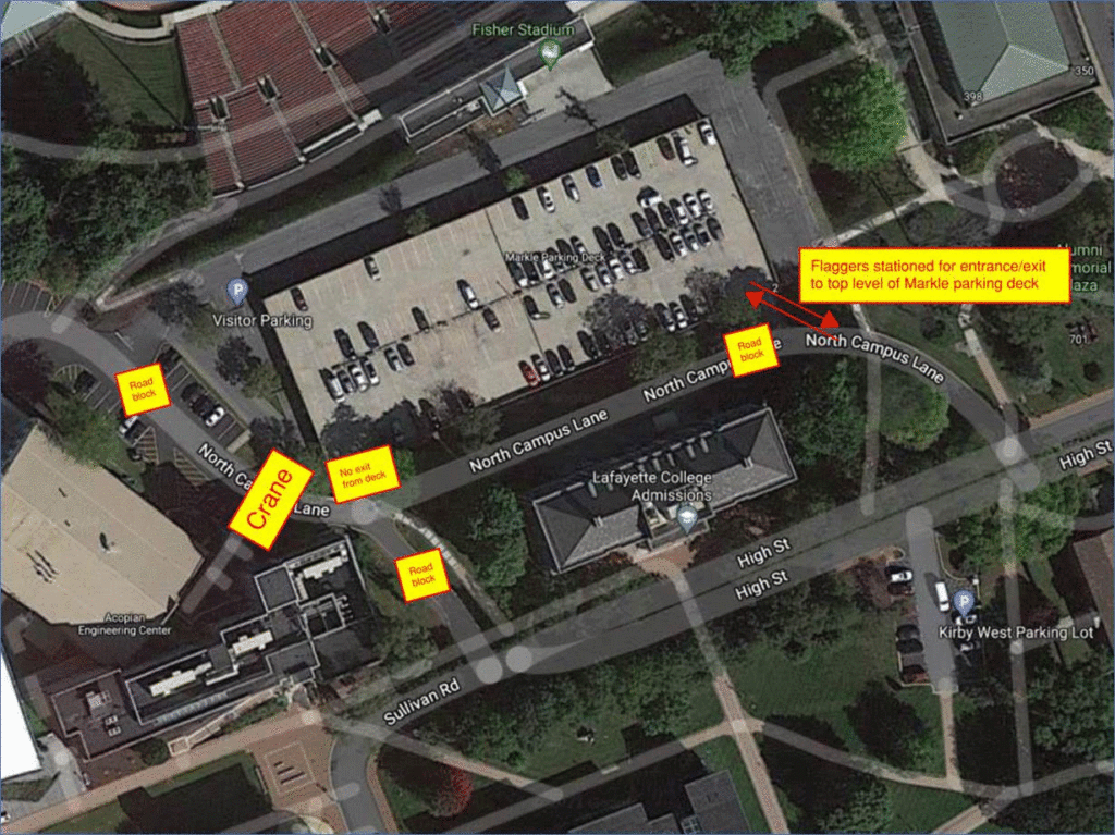 A Google Earth view of the Markle Parking Deck and surrounding streets and properties on Lafayette College's campus