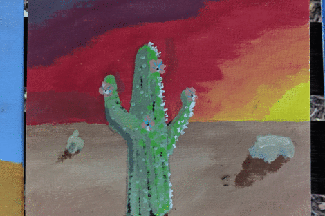 A painting of a cactus on dirt with a multi-colored sky