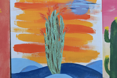 A painting of a cactus on a blue ground and the moon with orange and red background