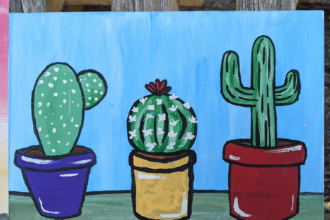 A painting of three potted cacti