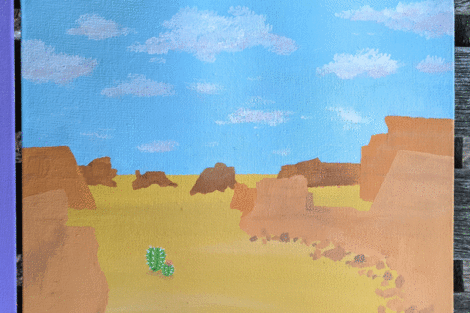 A painting of two small cacti in the desert on sand with rocks around