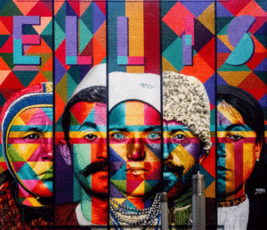 Partial faces of five people on a colorful background and above them the word Ellis, as in Ellis Island